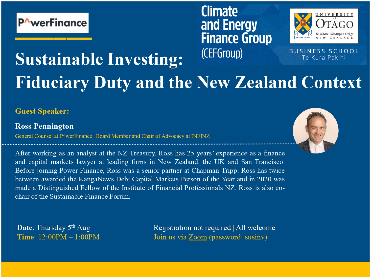 CEFGroup Webinar | Sustainable Investing: Fiduciary Duty and the New Zealand Context @ Burns 7 Seminar Room