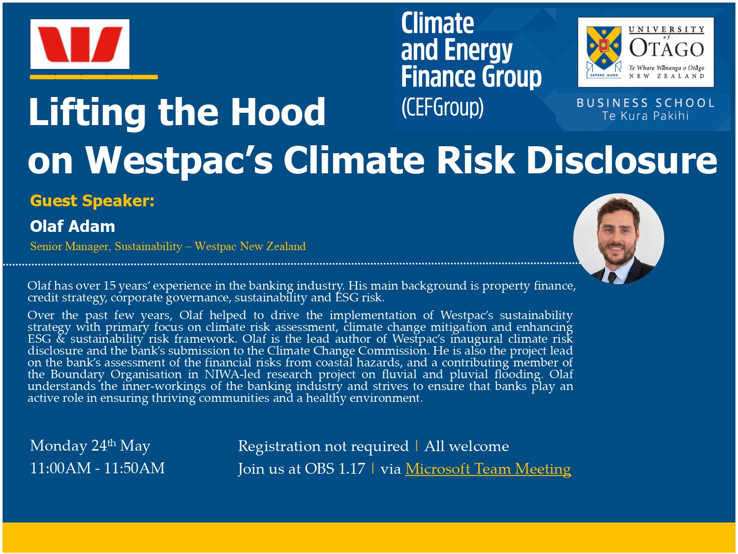 CEFGroup Webinar | Lifting the Hood on Westpac’s Climate Risk Disclosure @ Otago Business School Seminar Room 1.17