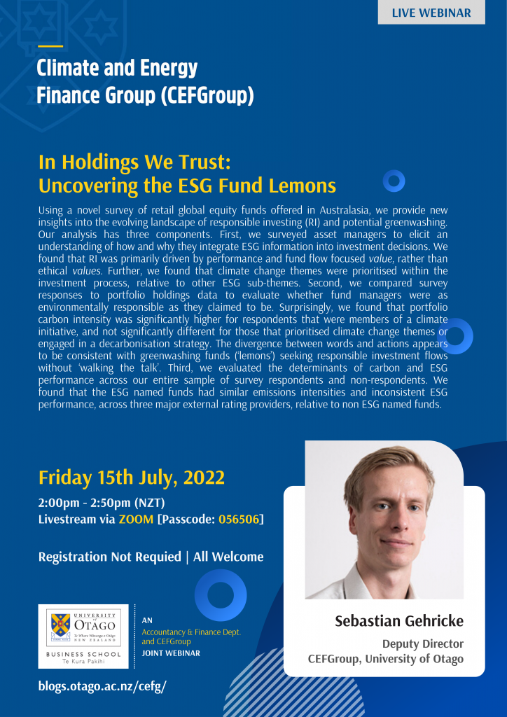 CEFGroup and Accountancy & Finance Department Joint Webinar | In Holdings We Trust: Uncovering the ESG Fund Lemons @ Zoom [passcode: 056506]
