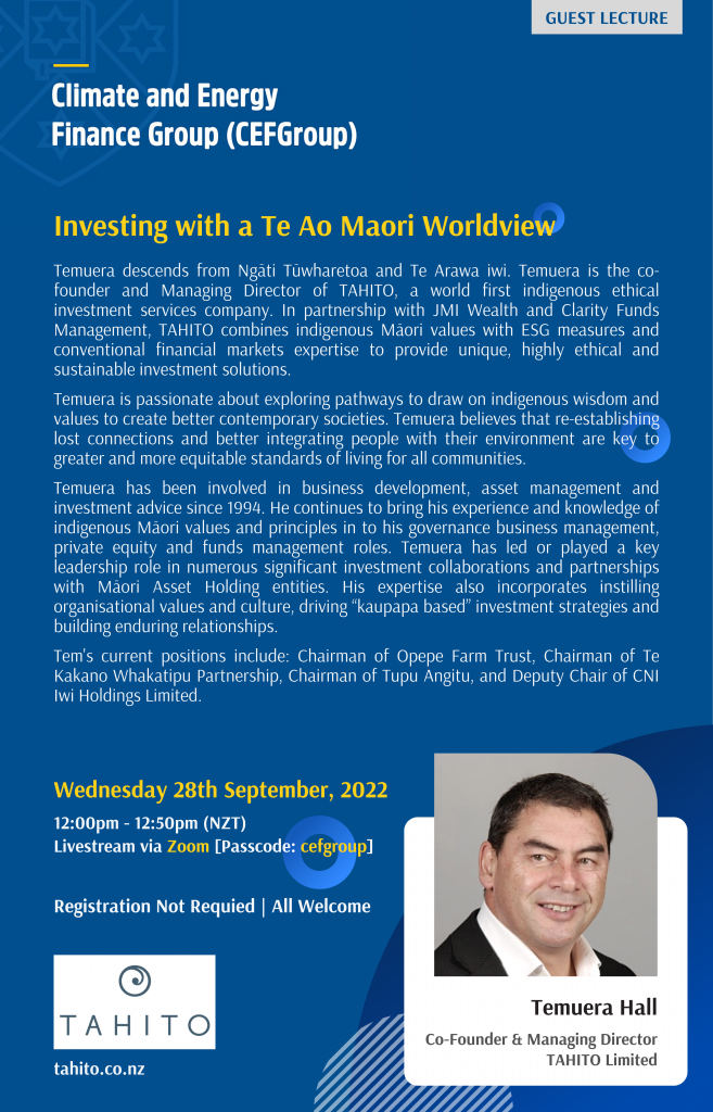 CEFGroup Public Lecture | Investing with a Te Ao Maori Worldview @ Zoom [passcode: cefgroup]
