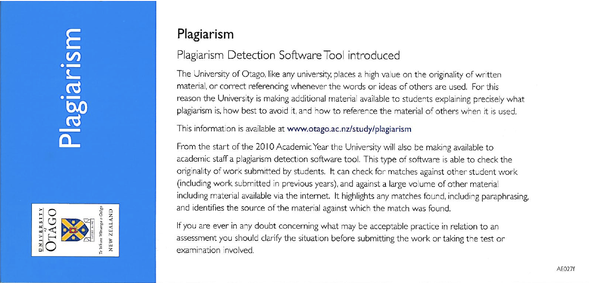 Plagiarism Information card for students