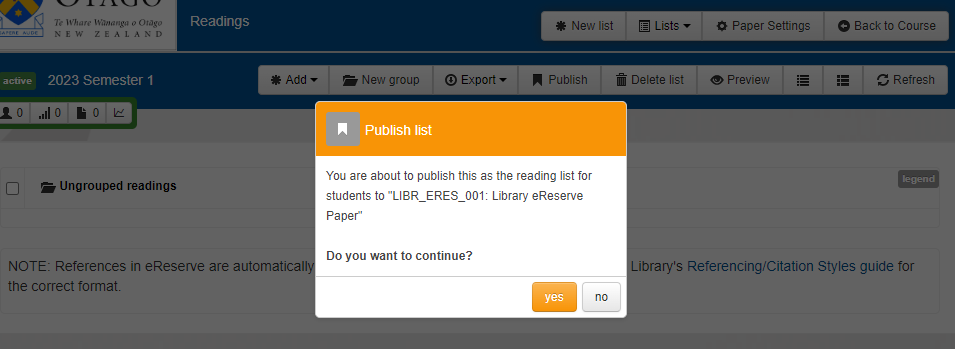 Screen shot showing dialogue box asking if you want to publish your list