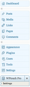 Screenshot showing location of WPTouch settings