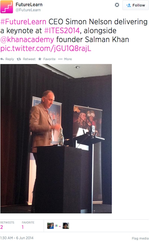 #FutureLearn CEO Simon Nelson delivering a keynote at #ITES2014 (Click to see Twitter post)