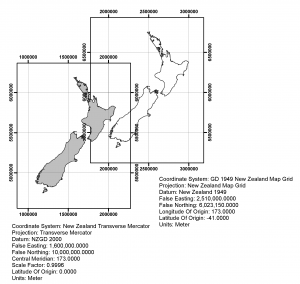 Comparison between projections used in New Zealand. One grid shows NZMG, while the other shows NZTM