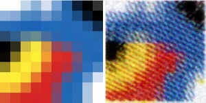 An image with pixels, shown on left compared to the same image with dots. A mixture of coloured dots that are smaller than the pixels are used to create a coloured pixel