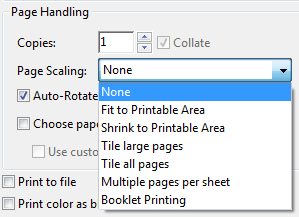 Menu for setting page scaling in adobe acrobat