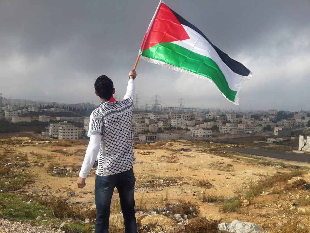 A person waving the Palestinian flag in front of a city