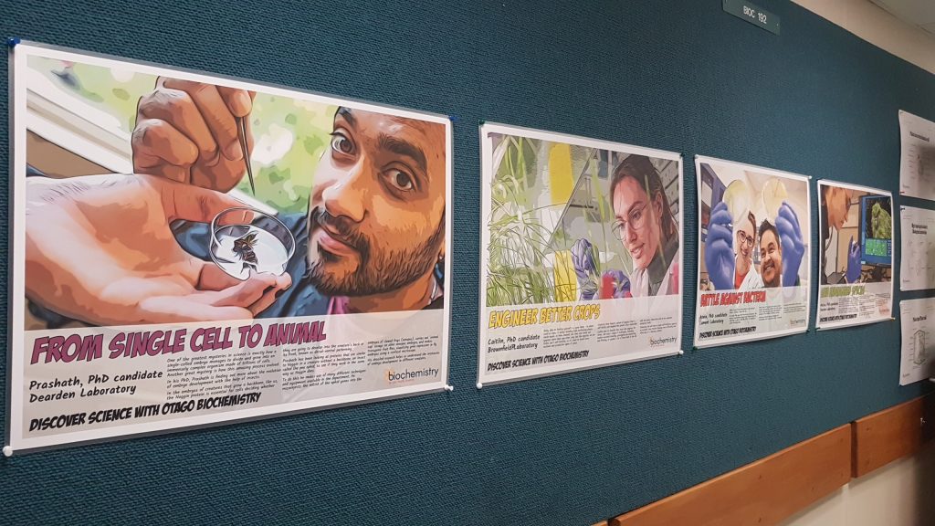 Posters hanging on the wall of an institutional corridor