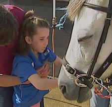 A girl, standing with help from an adult holding her from behind, holds her arms up to a white horse.