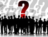 Illustration of a silhouette of a group of standing people with a large red question mark above them.