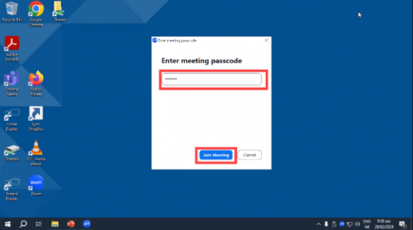 Passcode entry window in Zoom 